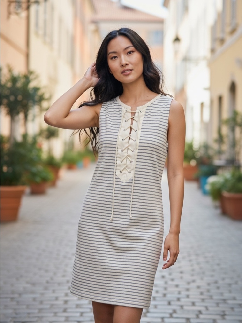 Cremieux Striped Lace Up Sleeveless Dress Size S